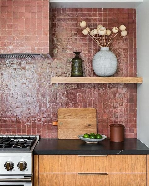 Mosaic House (@mosaichousenyc) • Instagram photos and videos Pink Tiles Kitchen, Pink Backsplash, Warm Kitchen, Tiles Kitchen, Red Tiles, Pink Tiles, Mosaic House, House Design Kitchen, House Tiles