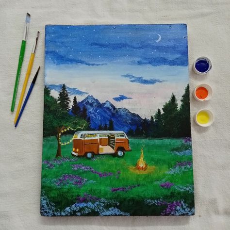 Gouache Cottagecore, Van Gogh Sunset Painting, Cottagecore Scenery Painting, Starry Night Gouache, Dreamy Gouache Painting, Camping In The Woods, Canvas Paintings, About Life, In The Woods