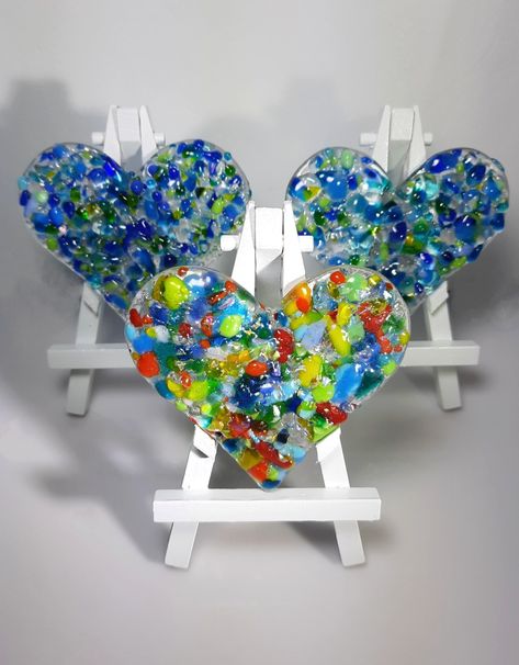 Fused Glass Valentine Ideas, Fused Glass Hearts, Heart Suncatchers, Flower Hearts, Valentine's Ideas, Glass Hearts, Fused Glass Artwork, Glass Art Projects, Blue Hearts