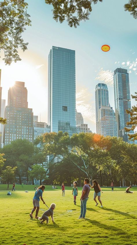 "Urban Park Fun: People enjoying a #sunnyday playing #frisbee in a vibrant #urbanpark with #cityscape in the background. #outdoorfun #aiart #aiphoto #stockcake ⬇️ Download and 📝 Prompt 👉 https://stockcake.com/i/urban-park-fun_1032048_320831" People In Park, Park Life, Fun Image, City People, Park Photography, Trampoline Park, Urban Park, Outdoor Fun, Park City