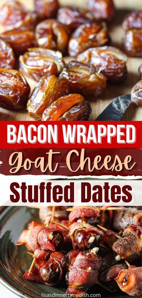 Easy Bite Size Appetizers, Goat Cheese Stuffed Dates, Goat Cheese Recipes Appetizers, Cheese Stuffed Dates, Bacon Wrapped Figs, Bite Size Appetizers Easy, Bacon Dates, Nye Food, Goat Cheese Appetizer