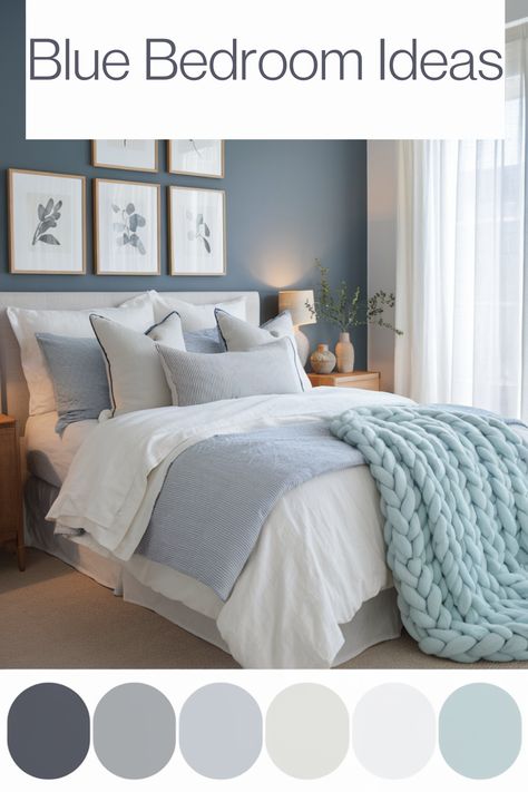 Transform your bedroom with these calming and stylish blue bedroom ideas. From soft bedding to bold walls, discover ways to create a tranquil retreat you'll love. Pale Blue Grey Bedroom, Blue Bedroom Accent Wall Ideas, Powder Blue Bedroom Walls, Farmhouse Blue Bedroom Ideas, Master Bedrooms Blue Walls, Blue Bedroom Walls Ideas, Steel Blue Bedroom, Blue Master Bedrooms Decor Cozy, Grey Blue Bedroom Ideas