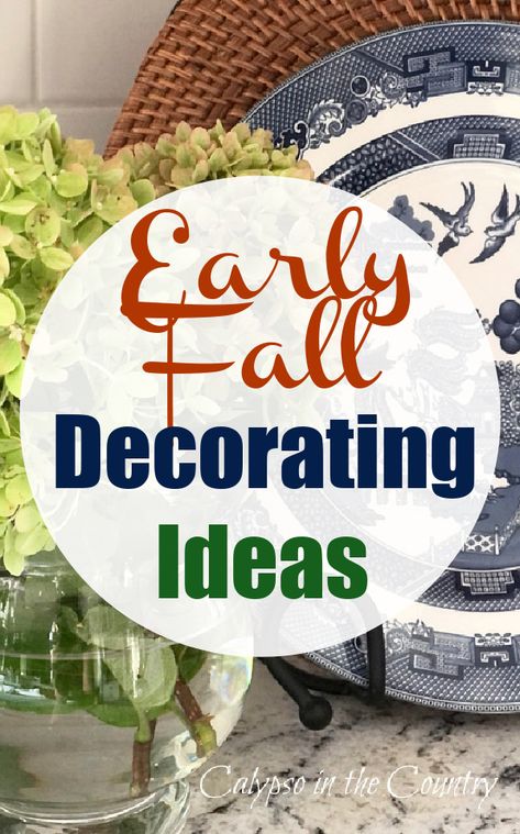 Green hydrangeas and blue willow dish - Early fall decorating ideas September House Decorations, Harvest Decorating Ideas, 2023 Fall Decor Ideas, September Porch Ideas, Pre Fall Decor, Fall Transition Decor, September Decorating Ideas For The Porch, How To Decorate For September, End Of Summer Decorating Ideas