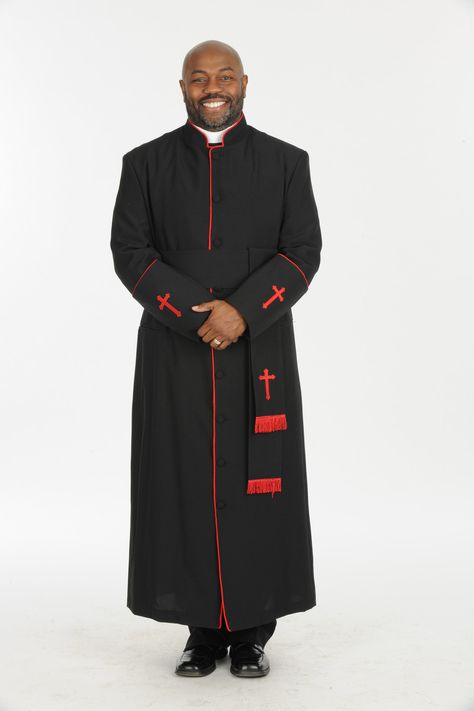 005. Men's Preacher Clergy Robe & Cincture Set in Black & Red - Divinity Clergy Wear Priestly Garments, Clergy Robes, Priest Outfit, Judas Iscariot, Nigerian Men Fashion, African Wear Styles For Men, Church Suits, In Church, Clothes Sewing Patterns