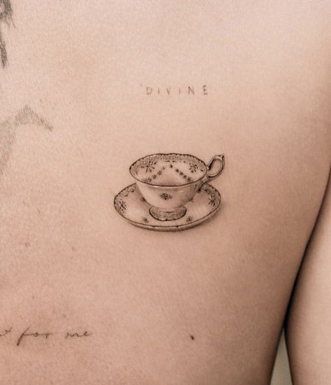 Cup Runneth Over Tattoo, My Cup Runneth Over Tattoo, Tattoos For Writers, Teacup Tattoo Vintage, Cookie Tattoo, Porcelain Tattoo, Baker Tattoo, Teacup Tattoo, Earthy Tattoos