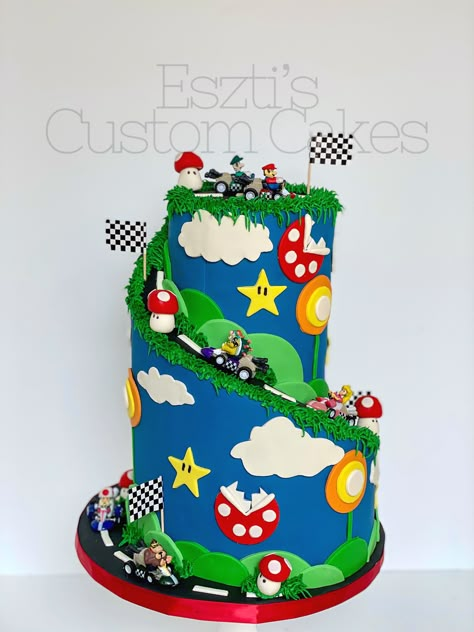 Super Mario Bros Cake Ideas, Mario Rainbow Road, Super Mario Kart Cake, Mario Kart Birthday Cake, Cake Mario, Mario Kart Cake, Mario Birthday Cake, Mario Bros Cake, Hot Wheels Cake