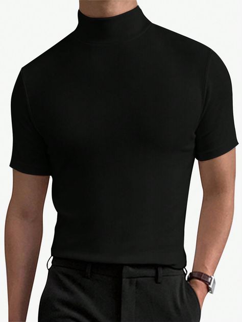 Men Solid Mock Neck TeeI discovered amazing products on SHEIN.com, come check them out! Mock Neck Outfit, Mock Neck Tshirt, Black Mock Neck Top, Black Tshirt Men, Black Mock Neck, Male Poses, Men Clothing, Black Casual, Fashion Online Shop