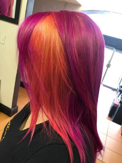 Orange Purple Hair, Orange And Purple Hair, Purple And Orange Hair, Haley Williams Hair, Orange And Pink Hair, Pink And Orange Hair, Color Block Hair, Pink Purple Hair, Haley Williams