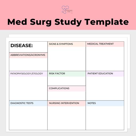 Med Surg Study Template Fillable PDF, Nursing Medsurg Study Template, Nursing Study Templates, Nursing Study Guide Template, How To Be A Doctor, Nursing Concept Map Template, Student Notion Template, Concept Map Template, Study Guide Template, Study Nursing