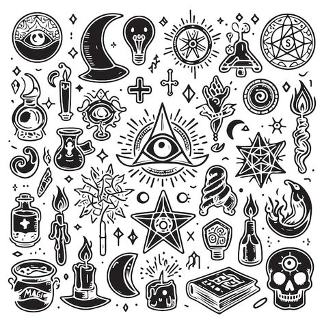 Download this Premium Vector about Magic icons doodles outlines set Magic icons doodles outlines set Hand drawn doodle sketch style, and discover more than 15 Million Professional Graphic Resources on Freepik Mystical Doodles, Spiritual Doodles, Occult Doodles, Magical Doodles, Esoteric Doodles, Witchy Icons, Magic Vector Illustration, Magic Doodle, Astrology Symbols