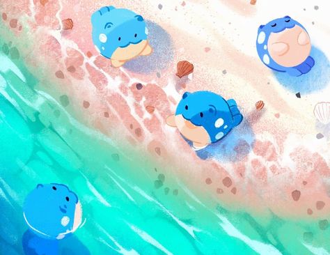 Pokemon Beach Wallpaper, Pokemon Summer Wallpaper, Spheal Pokemon Art, Spheal Wallpaper, Pokemon Laptop Wallpaper, Sea Pokemon, Anime Beach Art, Beach Pokemon, Spheal Pokemon