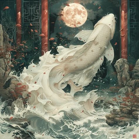 The image is a Chinese painting of a koi fish. The fish is depicted as white with red and orange fins and tail ->> more details in ai-img-gen.com Magical Paintings, Dark Blue Sky, Music Drawings, Painting Tattoo, Body Of Water, English Art, Red And Orange, Ethereal Art, Chinese Painting