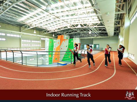 Our Indoor Running Track and Climbing Wall. Barndominium Gym, Indoor Running Track, Liverpool 2022, Gym Designs, Indoor Walking, Residential School, Rec Center, Indoor Track, Wall Climbing