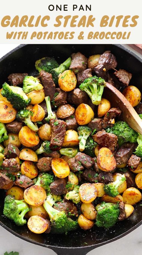 These garlic butter steak bites are out of this world! The steak is juicy, tender, and rich, and it's served with crispy potatoes and sautéed broccoli. Best of all, the entire meal is cooked in one cast iron skillet, making clean extra easy! #cookathomemom Steak Bites With Potatoes, Sautéed Broccoli, Healthy Steak, Garlic Butter Steak Bites, Butter Steak Bites, Potatoes Broccoli, Steak Dinner Recipes, Steak Bites Recipe, Butter Steak