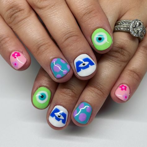 Disney Character Gel Nails, Disney Up Nails Art, Pixar Nails Short, Disney Character Nails Short, Different Disney Character Nails, Cute Character Nail Designs, Simple Short Disney Nails, Aesthetic Disney Nails Short, Boo Monsters Inc Nails