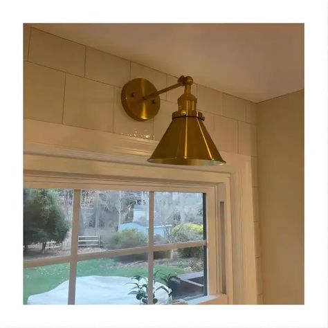 1-Light Wall Sconce With Metal Cone Shade, Brass - On Sale - Bed Bath & Beyond - 19437597 Sconces In Kitchen Window, Sconces Above Kitchen Window, Above Sink Light, Sconces In Kitchen, Amsterdam Kitchen, Above Kitchen Sink, Above Sink, Sink Lights, Brass Bed