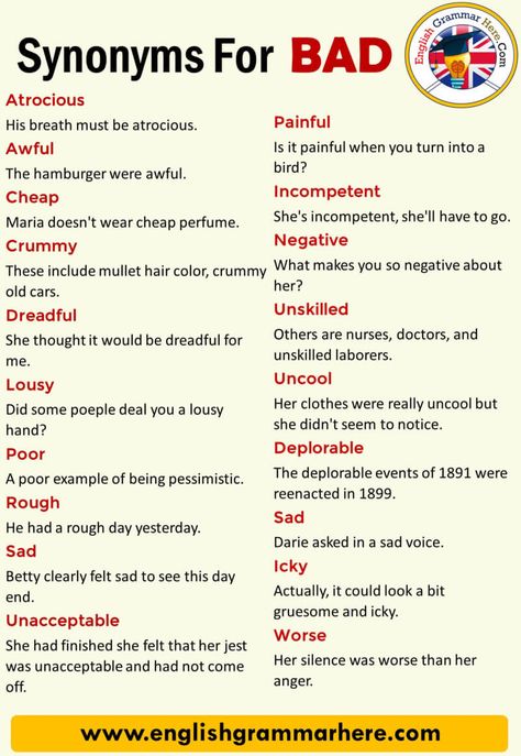 Synonyms Bad, Definition and Examples, Another Words for Bad - English Grammar Here Synonyms For Thought, Bad Synonyms, Another Word For Bad, Mullet Hair Color, Common Synonyms, Synonyms Words, Words For Bad, Mullet Hair, Reading Comprehension Lessons