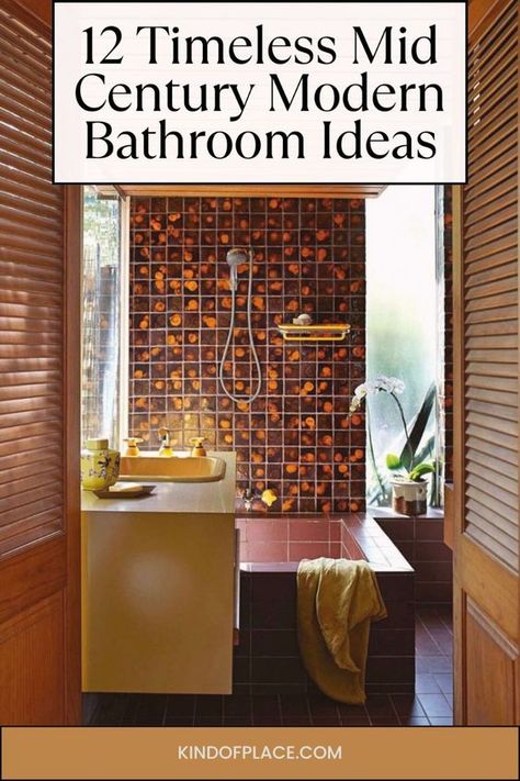 Mid century modern bathroom ideas that are timeless and class. MCM style for your bathroom that is warm, functional and inviting. Perfect decor tips for a bathroom makeover or renovation. Design and style ideas for your small bathroom including storage, organization and decorations. Modern Mcm Bathroom, Original Mid Century Bathroom, Black And White Mid Century Bathroom, Mid Modern Bathroom Ideas, Mid Century Green Bathroom, Mid Century Modern Faucet, Mcm Master Bath, Mcm Small Bedroom, Yellow Tile Bathroom Ideas Color Combos