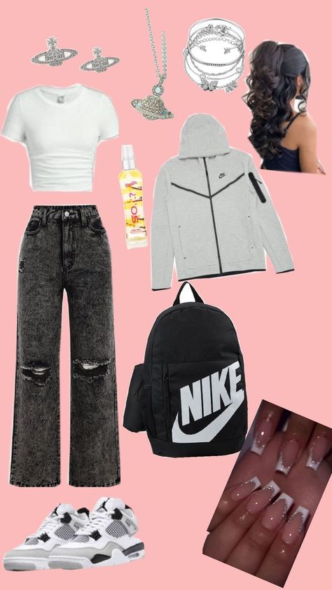 white top, military black jordans, ash black jeans, Nike backpack,glitter French tips, half up half down, vanilla perfume,saturn earrings and necklace, layered silver bracelets Outfit Ideas For School 12-13, Bday Outfit Ideas Teens, School Dance Outfits Casual, Cute Middle School Outfits 7th Grade, Cute Outfit Ideas For Teens, Cute Outfits For School 7th Grade, Teen Girl Outfits For School, School Outfits Baddie, Teen Girls Outfits