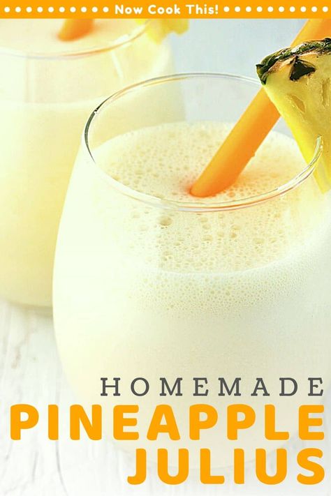 This Homemade Pineapple Julius is a quick and easy at-home version of the classic mall favorite made with pineapple instead of orange. Get the recipe and give this frothy, fruity, creamy, super delicious and refreshing drink a try! Pineapple Julius Recipe, Orange Julius Recipe, Christmas Pie, Orange Julius, Drink Recipes Nonalcoholic, Smoothie Drink Recipes, Refreshing Drinks Recipes, Beverage Recipes, Easy Drink Recipes