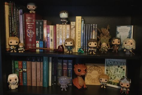 Don’t worry guys, I’m not obsessed or anything//Ashley Baggins Lord Of The Rings Shelf, Lord Of The Rings Bookshelf, Lotr Bookshelf, Magical Bookshelf, Library Goals, Lord Of The Rings Collection, Funko Pop Shelves, Comic Book Display, Bookworm Things