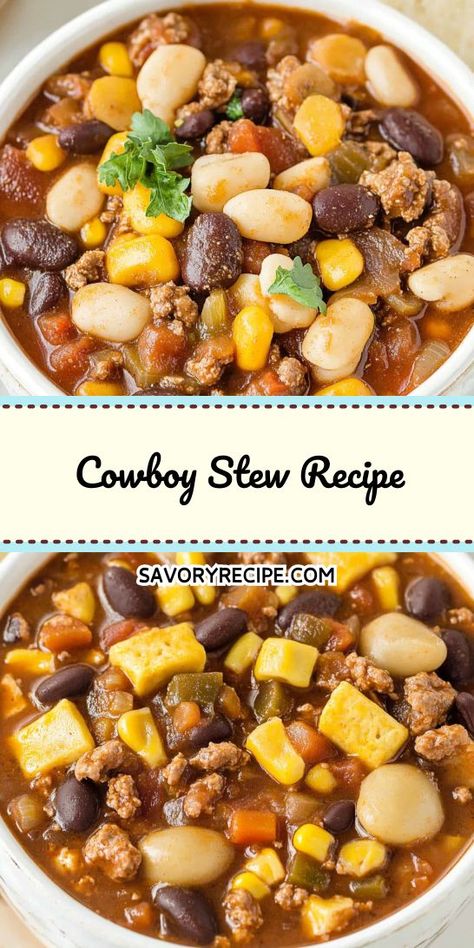 Want a hearty meal that warms the soul? This Cowboy Stew Recipe is packed with flavor and perfect for busy weeknights! By trying this easy crockpot dish, you’ll enjoy a delicious, stress-free dinner. Save this recipe for your next cozy gathering or family night! Cowboy Stew Recipe Ground Beef, Cowboy Stew Recipe, Campfire Stew, Cowboy Stew, Campfire Dinners, Beans And Potatoes, Savory Recipe, Bacon Sausage, Parsley Potatoes