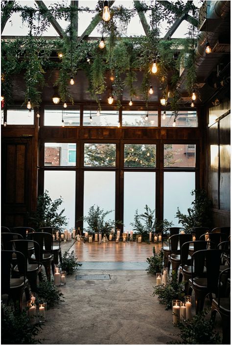 Wedding Ceremony Decorations Indoor, Rustic Forest Wedding, Hanging Greenery, Night Time Wedding, Indoor Wedding Ceremonies, Green Themed Wedding, Aisle Flowers, Scotland Wedding, Rustic Wedding Venues