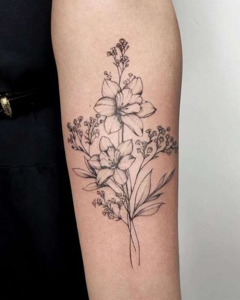 Birth Flower Tattoos Narcissus, Birthday Flowers Tattoo Ideas, Daffodils And Chrysanthemums Tattoo, Birth Flower Arm Tattoos For Women, 2 Stem Flower Tattoo, Birth Flower Tattoos With Color, April And May Birth Flower Tattoo Together, Birth Month Flower Tattoos Forearm, Large Birth Flower Tattoo