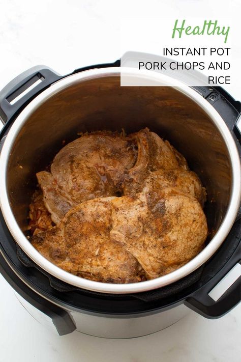 Instant Pot pork chops and rice is a quick and easy instant pot one pot dinner recipe, where you cook pork chops and rice together in a pressure cooker. A healthy, easy and filling meal. #pressurecooker #instantpot #porkchops #basmatirice #healthy #onepot #weeknightdinner #easymeal #mealprep Rice Recipe Instant Pot, Instant Pot Apple Cider, Pork And Rice Recipes, Cider Pork Chops, Pressure Cooker Pork Chops, Carrots Cooked, Apple Cider Pork Chops, Apple Cider Pork, Stew Recipes Crockpot