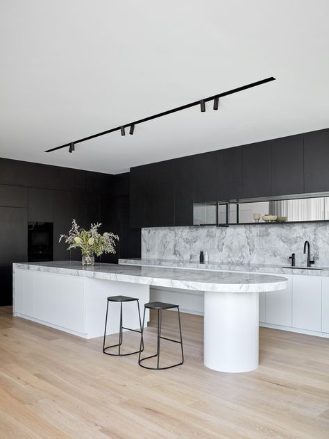 Grey Timber Flooring, Engineered Timber Flooring, Black White Kitchen, Kitchen Island Bench, Black Kitchen Island, Kitchen Redesign, Kitchen Inspiration Design, Engineered Wood Floors, Timber Flooring