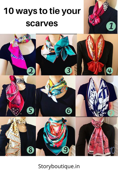 10 ways to tie scarves Office Scarf Outfit, Fall Seattle, Styling Scarf, Swimsuit Coverup Ideas, Scarf Tying Tutorial, France Versailles, Folding Hacks, Realistic Fashion, Scarf Styling