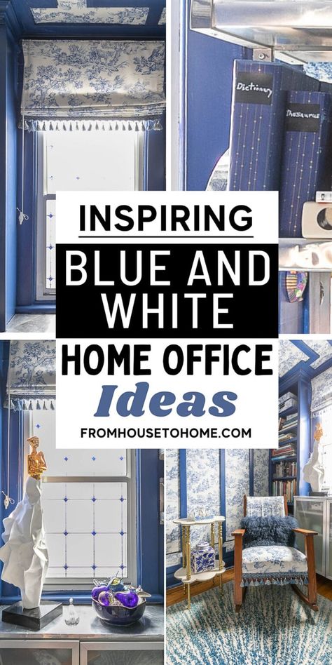 French Blue Office, Small Home Office Makeover, Small Home Office Ideas For Women, Office Makeover Ideas, Small Room Ideas, Bookshelves Storage, Blue And White Toile, Home Office Makeover, Elegant Home Office