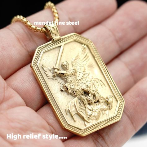 Gold St Saint Michael Archangel Medal Medallion Necklace Thanks For Viewing Our Listing! We Always Ship Your Order Securely In A Box With Padding 100% Authentic Brand New With Tags Chain: Stainless Steel Finish: Ip Gold Plating. (Not Genuine Gold) Chain Length: 25" Pendant Size: 51mm(L) X31mm(W) Pendant Weight: 0.9oz St Michael Necklace, Silver Gloves, Copper Necklace Pendant, Michael Archangel, St Michael Pendant, Spiritual Warrior, Angel Necklace, Saint Michael, Gold Cross Pendant