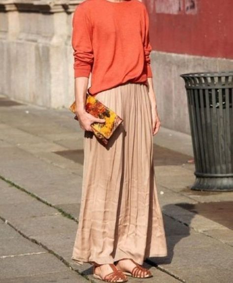 Long skirt  you CAN pair a baggy shirt with a loose skirt without the shirt being pulled in. HAH nice to know Mode Pastel, Hijab Inspiration, Blouses Women, Orange Sweater, Maxi Rok, Mode Boho, Woman's Fashion, Looks Street Style, Stunning Outfits