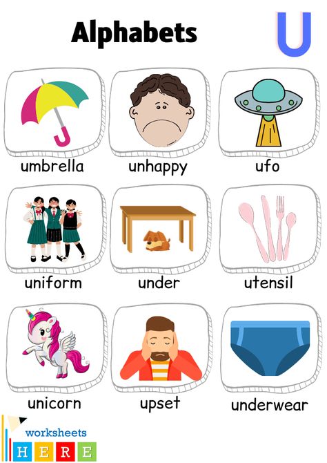 Alphabet U Words with Pictures, Letter U Vocabulary with Pictures - WorksheetsHere.com U Alphabet, Alphabet U, Picture Table, Creative Birthday Cards, Alphabet Pictures, Letter U, Picture Letters, Alphabet Cards, Alphabet Preschool