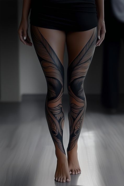 Ornamental Leg Sleeve, Leg Sleeve Tattoo Design, Leg Tattoo Inspiration, For Leg Tattoo, Symmetrical Tattoo, Black Line Tattoo, Best Leg Tattoos, Tattoo Design Tattoo, Abstract Tattoo Designs