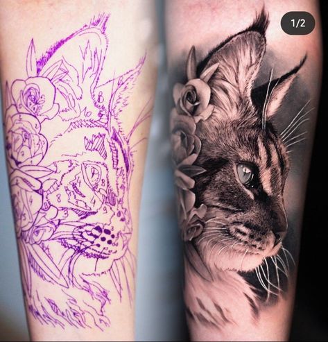 Woman Cat Tattoo, Cat Hand Tattoos For Women, Tiger Cat Tattoo, Cats And Flowers Tattoo, Realism Cat Tattoo, Cat Tattoo Realism, Animal And Flower Tattoo, Cat Tattoo Hand, Cat Tattoo Designs Unique