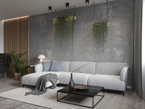 Grey Concrete Living Room, Cement Accent Wall Living Rooms, Urban Modern Interior Design Living Room, Brutalist Interior Living Room, Cement Wall Living Room, Wallpaper For Living Room In India, Brutalist Living Room, Concrete Wall Living Room, Wallpaper Living Room Ideas