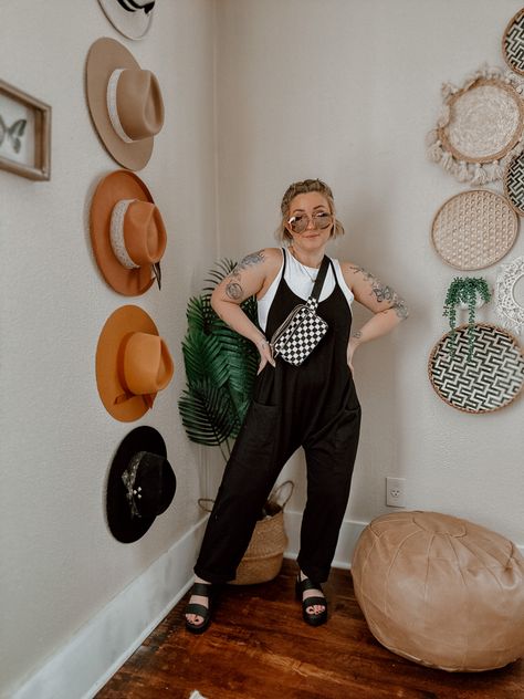 Summer Wedding Reception Outfit Guest, Tshirt Over Jumpsuit, Fp Jumpsuit Outfit, Comfy Put Together Outfits Summer, Black Easter Outfit, Jumpsuit Outfit Midsize, Styling Jumpsuits Casual, Shirt Over Jumpsuit Outfit, Craft Show Outfit