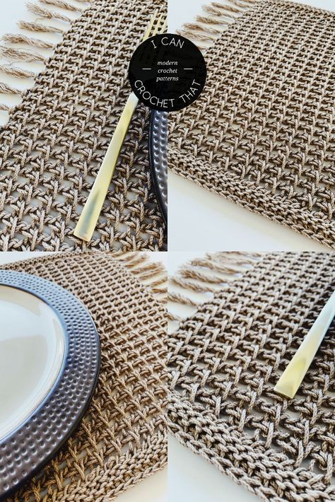 Tunisian Crochet Placemat Pattern Modern Crochet Placemats, Tunisian Crochet Ideas Projects, Crochet Jute Placemats, Modern Crochet Decor, Tunisian Crochet Placemats Patterns, Crochet Runner Pattern, Crocheted Placemats Free Patterns, Tunisian Crochet Placemats, Crochet Placemats Free Pattern Rectangle