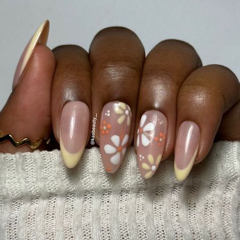 15 Stunning Spring Nail Designs You Need To Try! - Boni Ldn ♡ Floral Nails French Tip, Lemon Almond Nails, Yellow Almond Nails Design, Mallorca Nails, Yellow Floral Nails, Yellow Almond Nails, Prom Aesthetic, Nyc Nails, February Nails