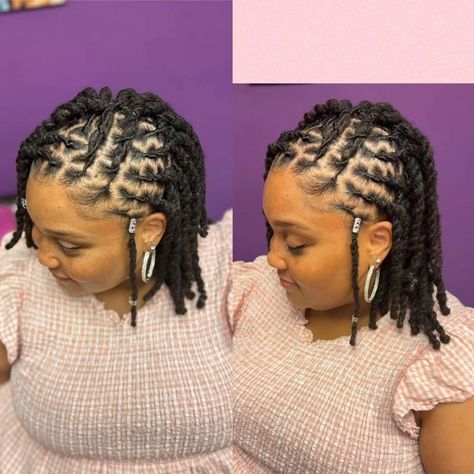 Loc Extensions Styles For Black Women, Locs To One Side, Side Loc Styles Black Women, Loc Updo Short Hair, Hanging Loc Styles, Side Styles For Locs, Side Locs Hairstyles, Spiral Loc Styles, Down Locs Hairstyles For Women