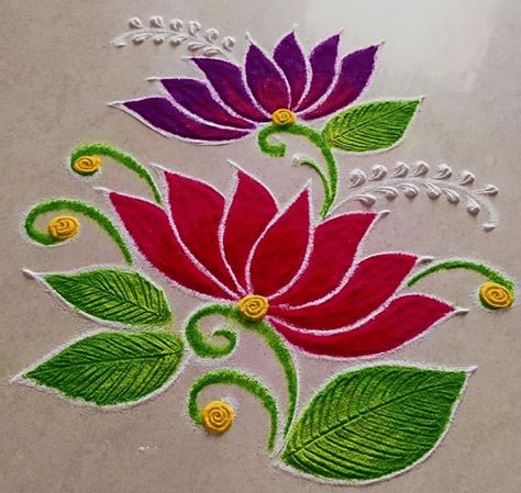 Rose Flower Rangoli Designs, Simple Free Hand Rangoli, Lotus Design Rangoli, New Small Rangoli Designs, Rose Rangoli Designs, Rangoli Designs Lotus, Tulsi Puja, Lotus Rangoli Designs, Small Free Hand Rangoli