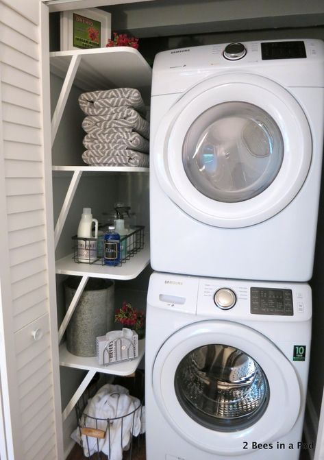 Laundry Room Closet Storage, Washer Dryer Laundry Room, Closet Storage Ideas, Laundry Closet Makeover, Stacked Laundry Room, Laundry Room Storage Shelves, Laundry Room Ideas Small Space, Small Laundry Room Organization, Small Closet Space