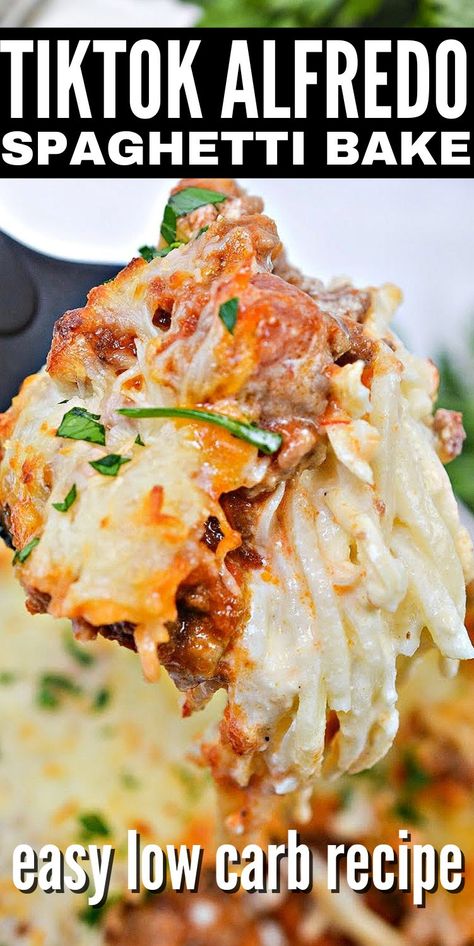 TikTok Alfredo Spaghetti Bake - Easy Keto Friendly Version Keto Alfredo Bake, Spaghetti And Alfredo Pasta, Spagetti And Alfredo Sauce, Low Carb Alfredo Bake, Keto Friendly Pasta Dishes, Low Carb Pasta Bake, Keto Alfredo Recipes, Keto Baked Spaghetti, Healthy Spaghetti Bake