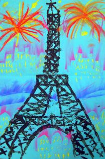 Cassie Stephens: In the Art Room: Printed Paris Eiffel Tower Art, Cassie Stephens, 2nd Grade Art, 4th Grade Art, 3rd Grade Art, Elementary Art Projects, Paris Art, Spring Art, Camping Art