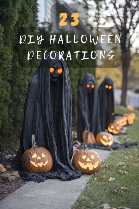 Looking for a haunting transformation? Click for DIY outdoor Halloween decor ideas that are fun, spooky, and sure to impress! 🎃👻 #YardTransformation #HalloweenDIY #SpookyDecor #HauntingIdeas #FunCrafts Halloween Craft Outdoor, Halloween Spiderwebs On House, Quick And Easy Outdoor Halloween Decorations Outdoor, Outdoor Halloween Projection, Diy Ghoul Decoration, Haunted House Truck Or Treat, Halloween Decor Outdoor Ideas, Halloween Decorations Walkway, Halloween Decorations Large Space