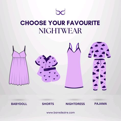 buddy, or nightdress lady?  Let us know your favorite by commenting below.  #baredezire #nightwear #lingeries #explore #quiztime Purple Acrylic Nails, Dress Name, Purple Acrylic, Fashion Vocabulary, Fashion Designing, Sleep Dress, Other Outfits, Night Dress, Nightwear