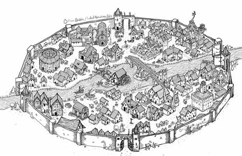 Fantasy City Map Drawing, Paths Peculiar, Medieval Towns, Medieval Keep, Medieval City Drawing, Medieval Town Layout, Medieval City Map, Medieval Town Map, D&d Town Map