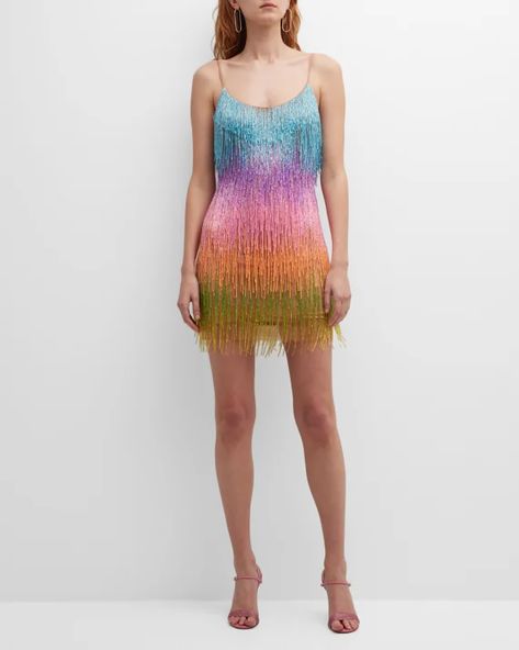 T4WS7 Liv Foster Ombre Beaded-Fringe Bodycon Mini Dress Fringe Dress Outfit, Straight Bangs, Ombre Dress, Rainbow Outfit, Taylor Swift Outfits, Rainbow Dress, Fringe Dress, Beaded Fringe, Formal Style